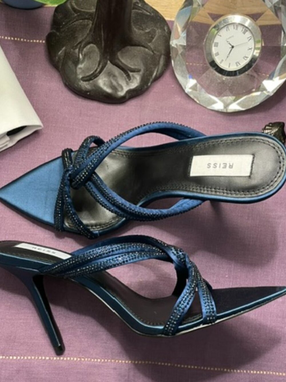 REISS Ritz Satin Mule Sandals in Blue Jewel Embellished Size EU 39 / US 8.5 NIB